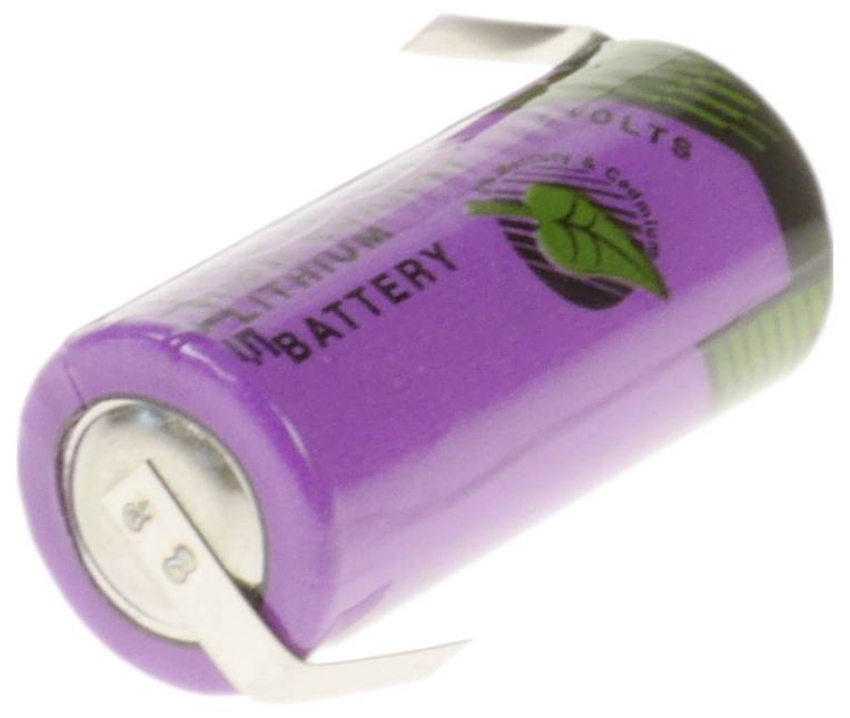 Lila Lithium-Batterie mit Metallanschlüssen, beschriftet mit „3,6 VOLT
