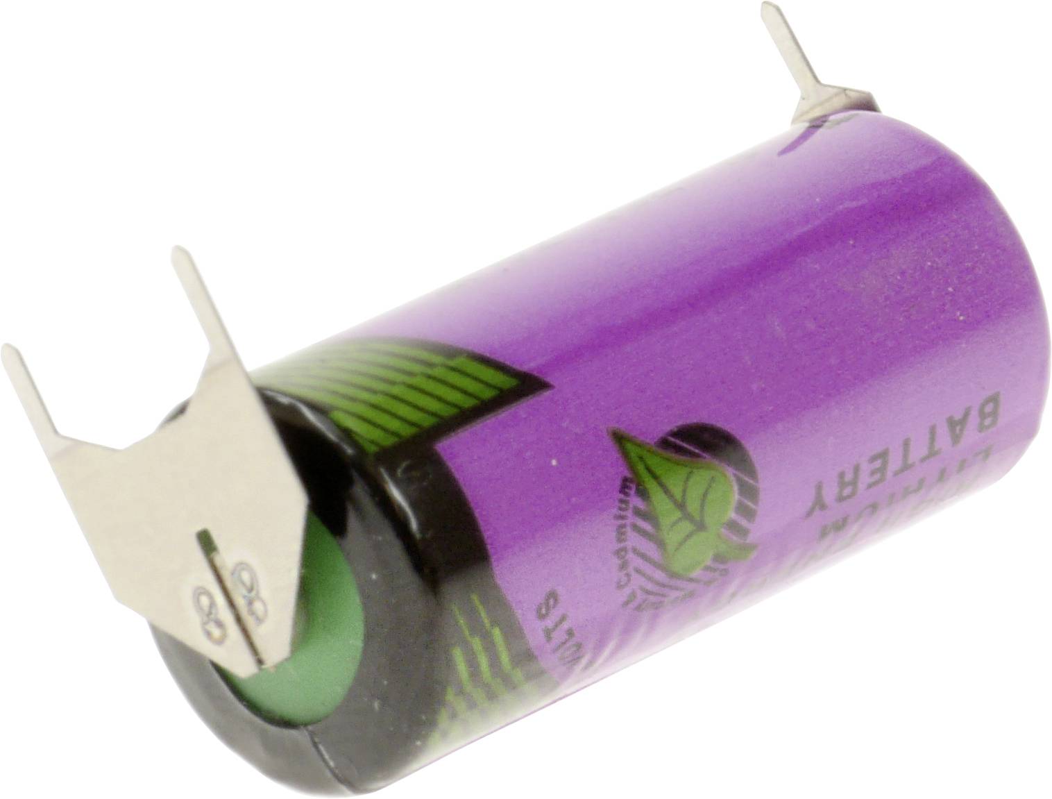 Eine violette wiederaufladbare Batterie mit zwei Metallkontakten für Anschlüsse, die ein grünes Blatt-Symbol aufweist, das Umweltfreundlichkeit anzeigt.