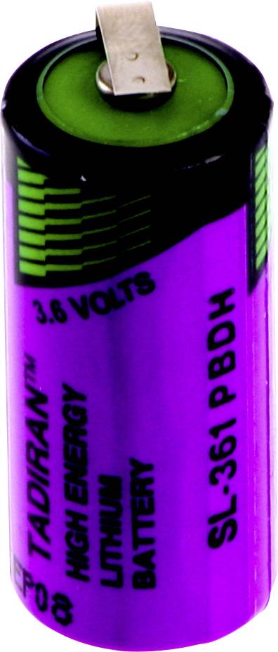 Eine violette und grüne zylindrische Lithiumbatterie mit der Aufschrift 'Tadiran High Energy 3,6 Volt, SL-361 PBDH'.