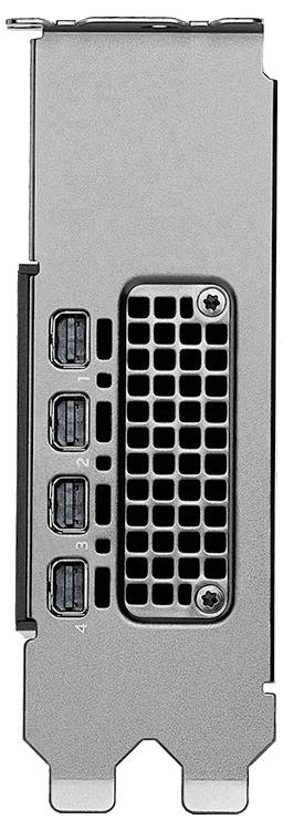 Eine silberne Computergrafikkarte mit vier USB-C-Anschlüssen, die auf ihrer Rückseite von 1 bis 4 gekennzeichnet sind.