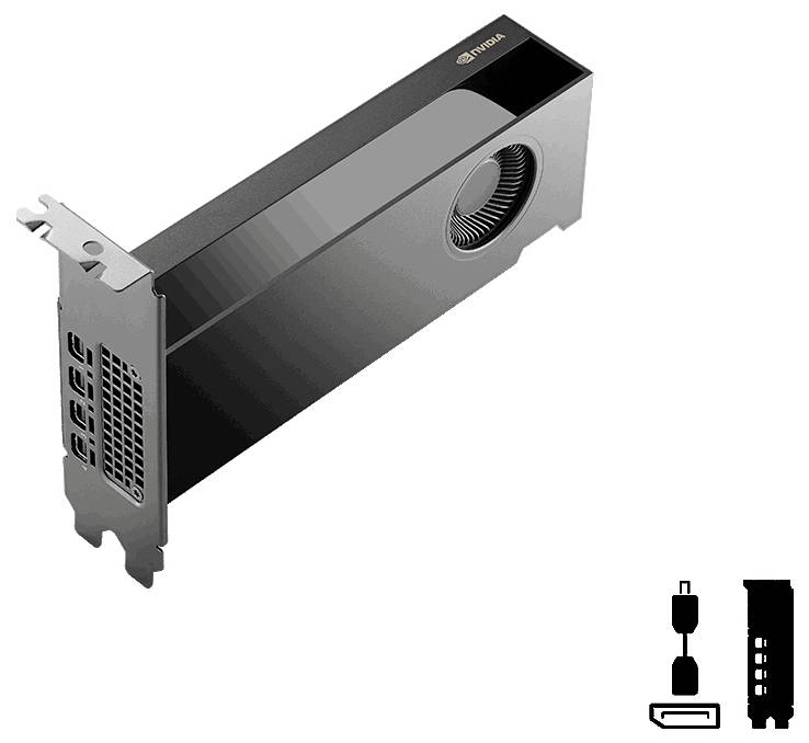 Grafikkarte der Marke 'NVIDIA' in Schrägansicht, mit sichtbarem Lüfter und Anschlüssen. Symbole zeigen Energie- und Ausgabeverbindungen an.