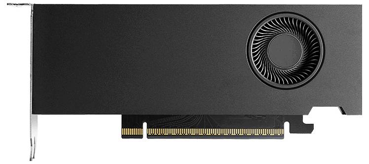 Eine schlanke schwarze Grafikkarte mit einem kreisförmigen Lüfter auf der rechten Seite und goldenen Anschlüssen am unteren Rand, die zur Verbesserung der Grafikleistung eines Computers verwendet wird.