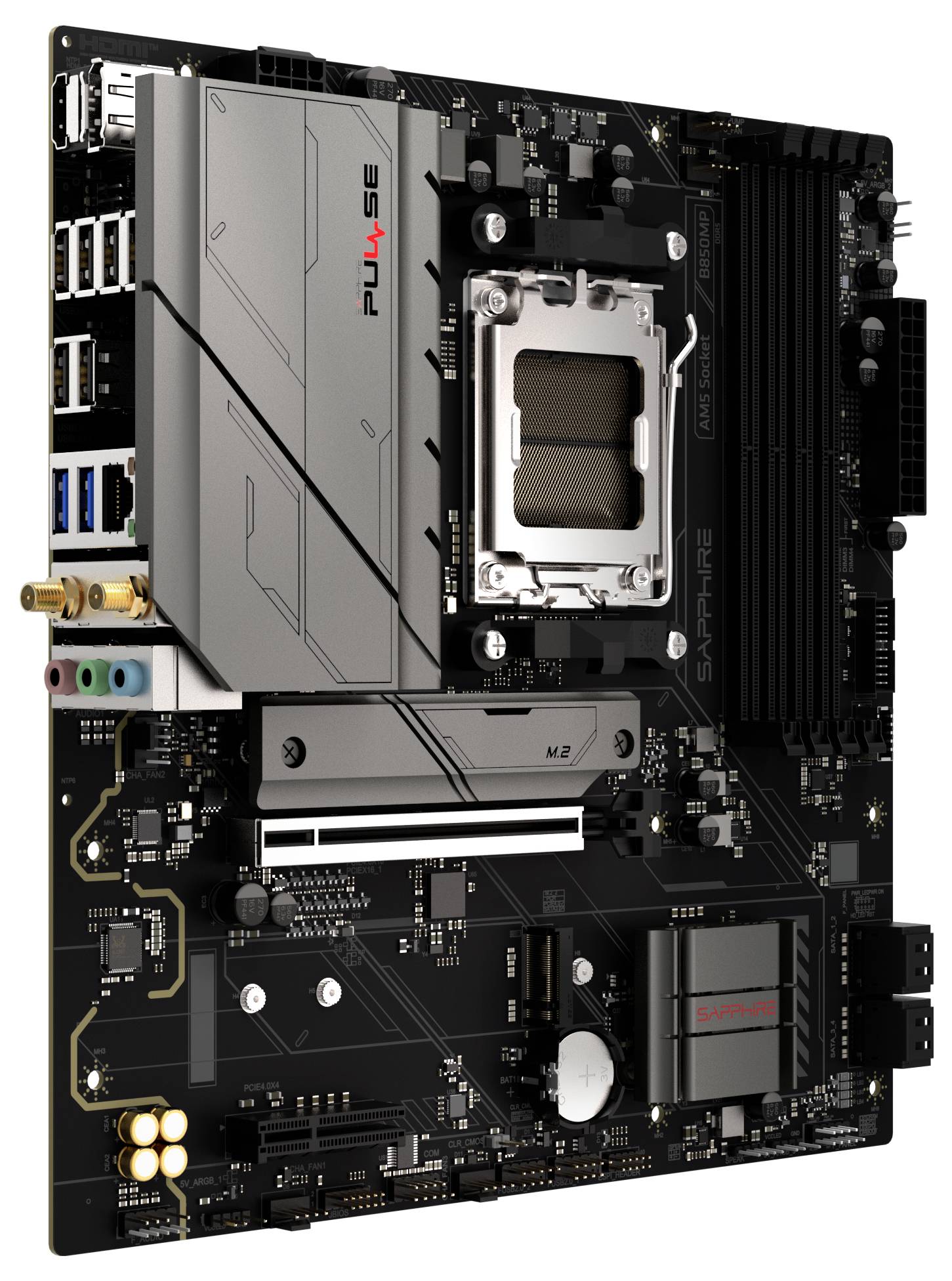 Eine Computermotherboard mit CPU-Sockel, RAM-Steckplätzen, verschiedenen Anschlüssen und Erweiterungssteckplätzen, die eine Hardwarekonfiguration veranschaulicht.