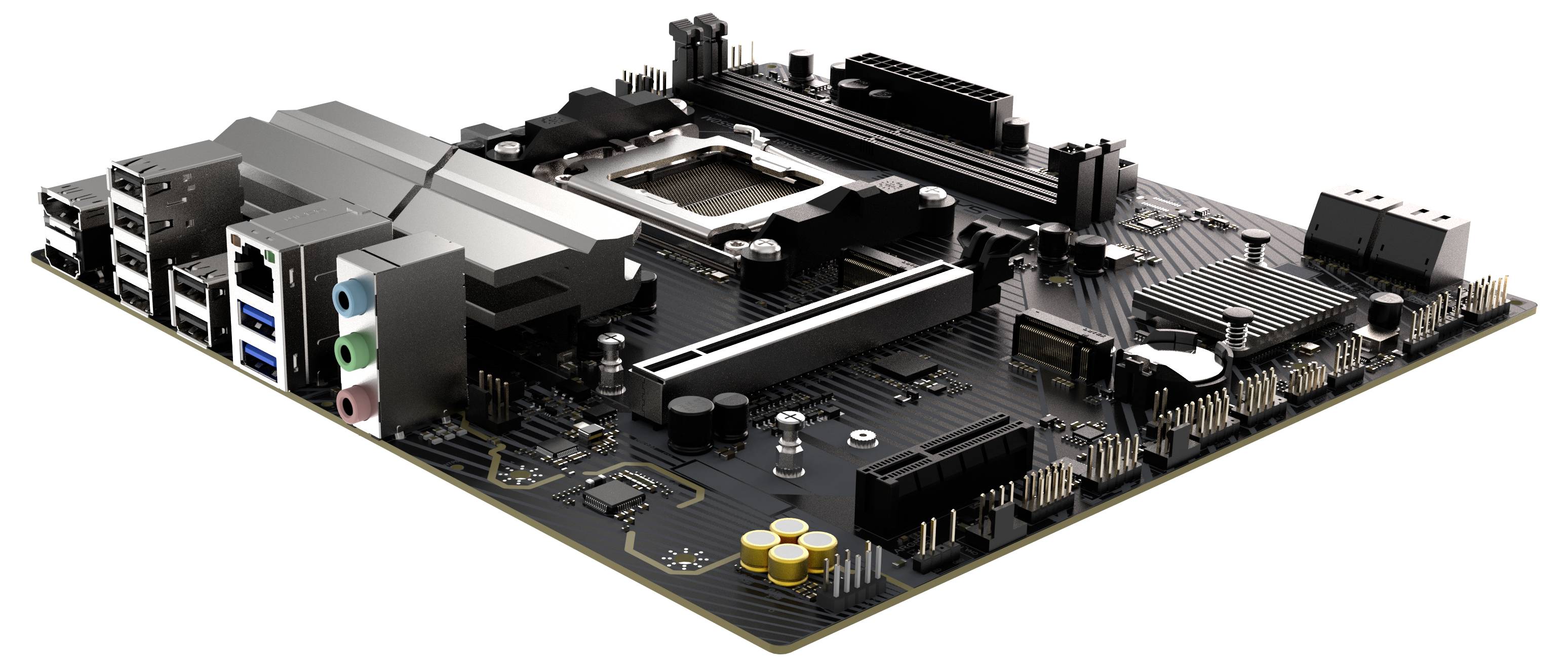 Eine Computermotherboard, die verschiedene Anschlüsse, Steckplätze und Verbinder zeigt, einschließlich USB-Ports, Audioausgänge und Erweiterungssteckplätze für Komponenten.
