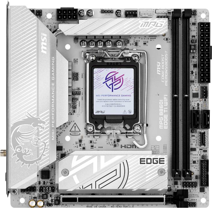 Eine weiße MSI MPG B660I Mini-ITX-Motherboard mit einem Drachen-Logo, ausgestattet mit einem LGA-1700-Sockel, zwei RAM-Steckplätzen und verschiedenen Anschlüssen für Konnektivität.