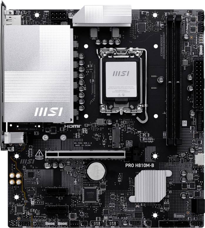 Eine schwarze MSI PRO H810M-B Motherboard, die verschiedene Anschlüsse und Komponenten wie den CPU-Sockel, RAM-Steckplätze und Kühlkörper zeigt.