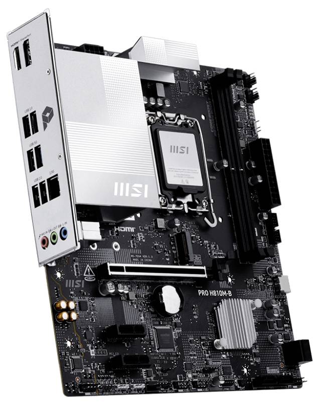 Eine Computermotherboard mit verschiedenen Anschlüssen, Steckplätzen und einer zentralen Fassung für eine CPU, beschriftet mit 'PRO H610M-B'.