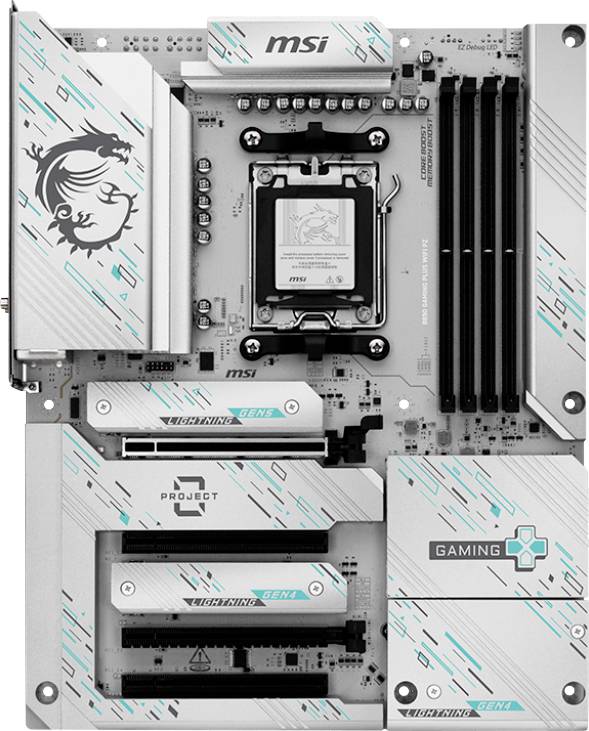 MSI-Mainboard mit vier RAM-Steckplätzen, zwei PCI-Steckplätzen und einem Drachen-Logo auf dem Kühlkörper. Weiße und Cyan-Akzente mit 'Gaming'-Beschriftung.