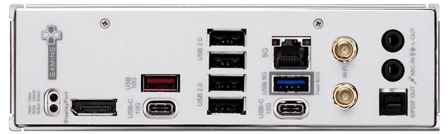 Rückseite eines Computerrückpanels mit verschiedenen Anschlüssen, einschließlich HDMI, USB, Ethernet und Audioeingängen, für Gaming beschriftet.