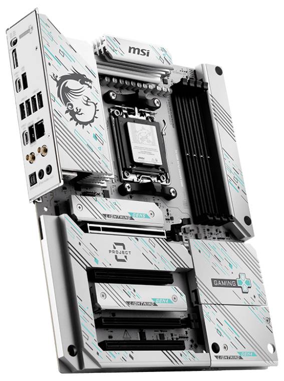 Gaming-Mainboard mit mehreren Steckplätzen und Anschlüssen, das ein schlankes Design mit hellblauen Akzenten und einem Drachen-Logo präsentiert.