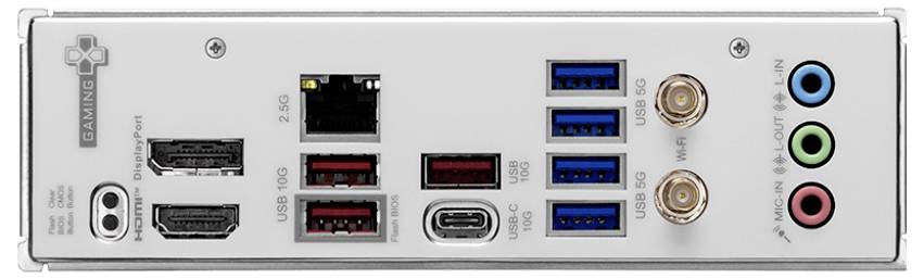 Rückseite einer Computermotherboard mit verschiedenen Anschlüssen einschließlich HDMI, USB, Ethernet, Audioports und Antennenanschlüssen.