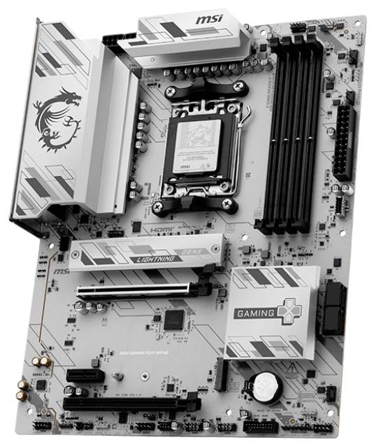 MSI-Mainboard mit Dragon-Logo, mehreren RAM-Steckplätzen und beschrifteten Komponenten wie 'Gaming' und 'Lightning'. Für Gaming-Setups konzipiert.