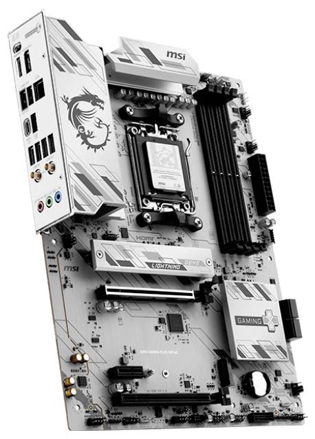 Eine Computermotherboard mit mehreren Steckplätzen, Anschlüssen und Anschlüssen; enthält markierte Komponenten und ein Drachenemblem.