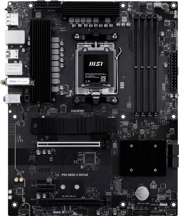 MSI PRO B650-S WiFi-Motherboard mit verschiedenen Anschlüssen und Steckplätzen für Komponenten und Peripheriegeräte.