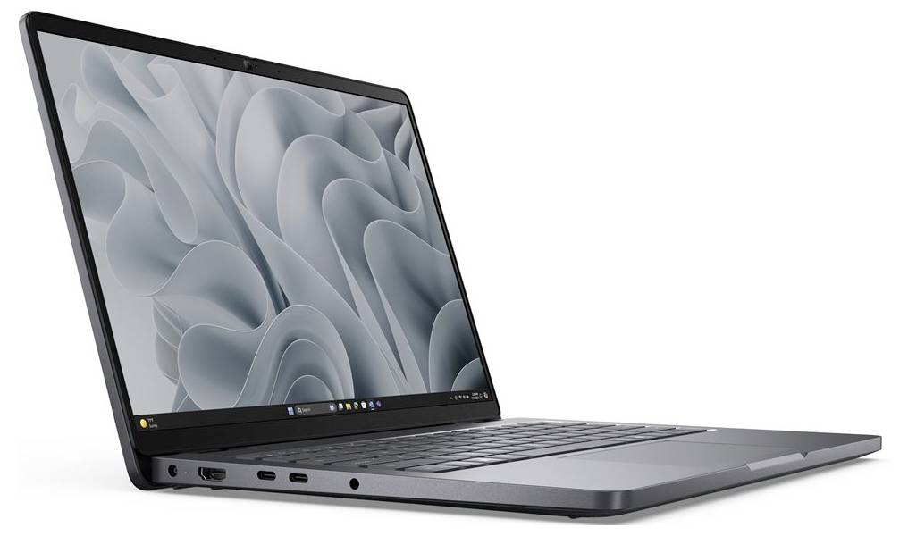 Ein schlanker, moderner Laptop mit dünnem Design, geöffnet und einen dezenten abstrakten Muster auf dem Bildschirm zeigend. Die Tastatur und Anschlüsse sind sichtbar.