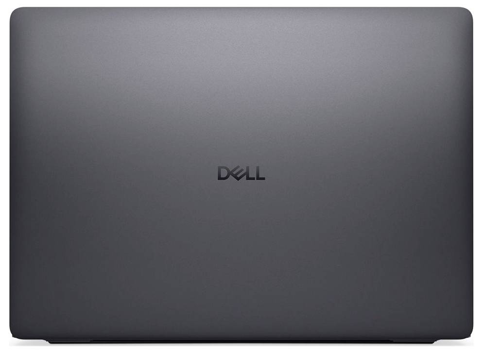 Ein geschlossener Dell-Laptop mit einer eleganten, dunkelgrauen Oberfläche, auf dessen Oberdeckel mittig das Dell-Logo zu sehen ist.