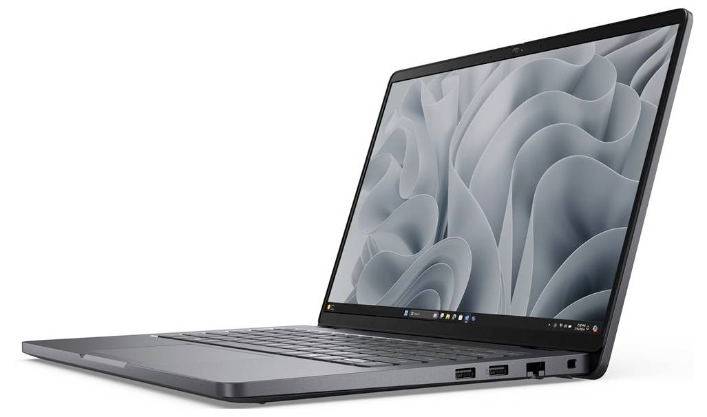 Ein schlanker, moderner Laptop mit einem gemusterten Bildschirmschoner, von der Seite betrachtet, der seine Anschlüsse und sein schlankes Design zeigt.