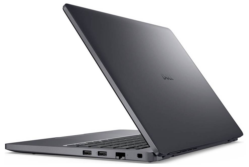 Ein teilweise geöffneter, schlanker grauer Laptop mit sichtbaren Anschlüssen an der Seite, der ein modernes und professionelles Design einfängt.