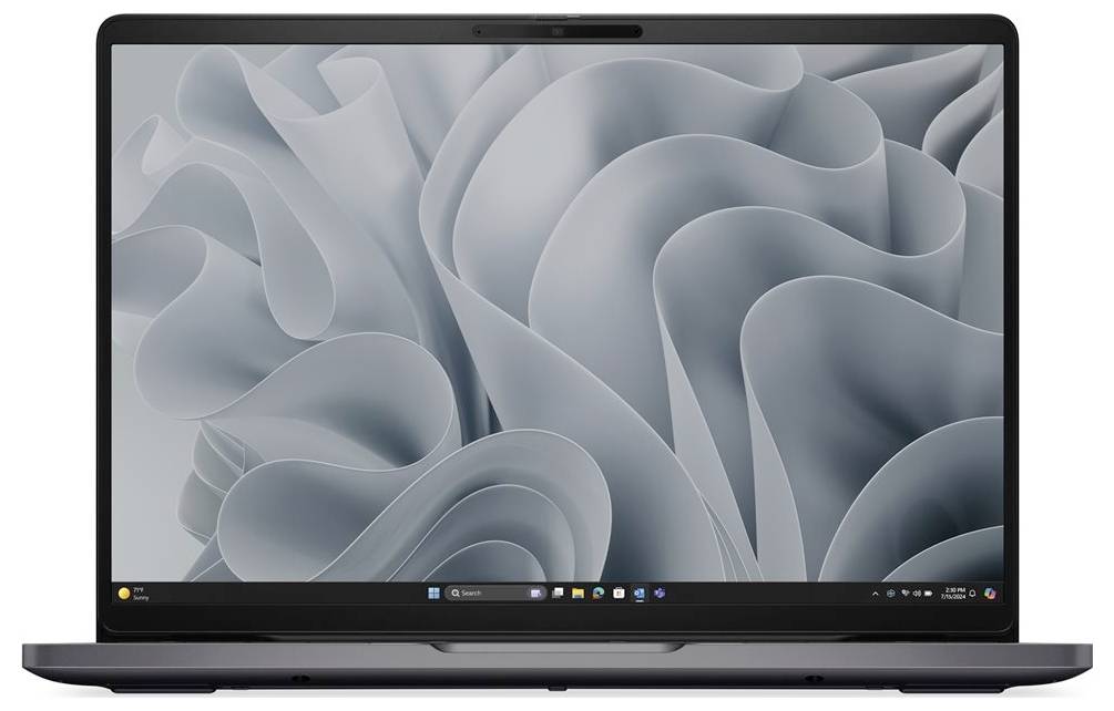 Ein Laptop mit einem silbernen, abstrakten Wirbelmuster auf dem Bildschirm, mit einer Windows-Taskleiste am unteren Rand.