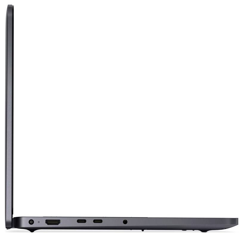 Ein schlanker Laptop von der Seite gesehen, leicht geöffnet, mit Anschlüssen wie USB-C und HDMI am linken Rand.