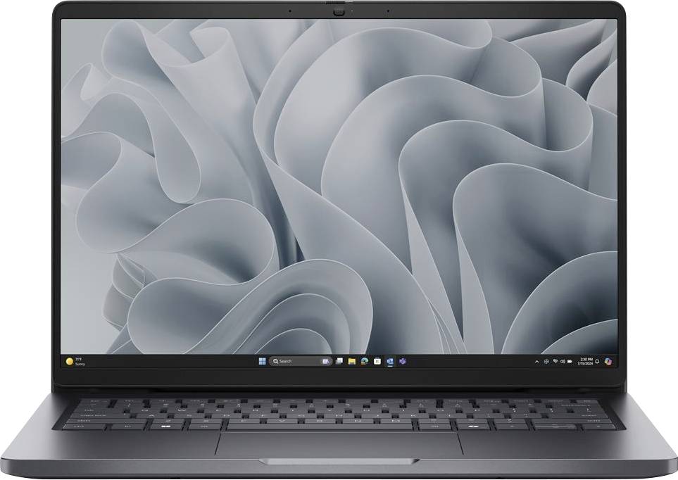 Ein Laptop, der ein graues abstraktes Wellenmuster auf seinem Bildschirm zeigt, mit Icons am unteren Rand, die typische Desktop-Funktionen andeuten.