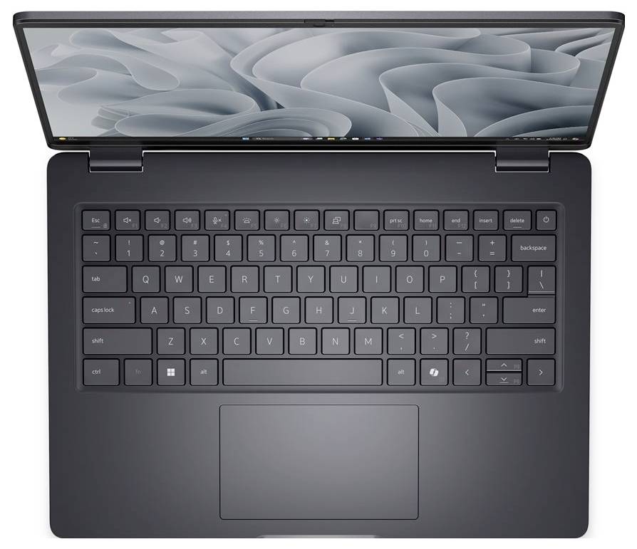 Geöffneter grauer Laptop mit sichtbarer Tastatur und abstraktem Design auf dem Bildschirm, von oben betrachtet.