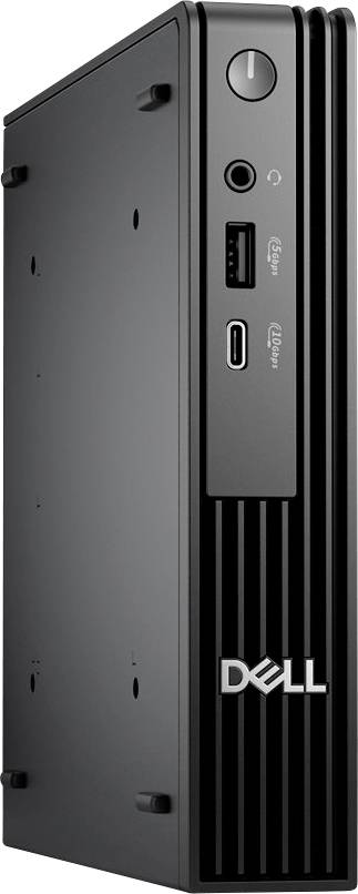 Ein schwarzer Dell-Desktop-Computer steht aufrecht und zeigt eine Powertaste, zwei USB-Anschlüsse und einen Audioeingang auf der Frontblende.