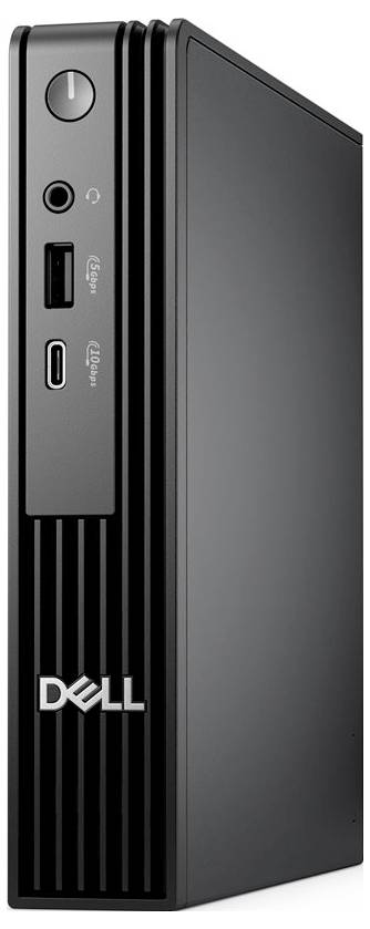 Ein schlanker, vertikaler Dell-Desktop-Computer mit vorderen USB-Anschlüssen und Einschaltknopf, mit dem Dell-Logo am unteren Rand.