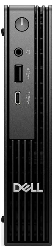 Ein schwarzes Dell Desktop-Frontpanel mit einem Einschaltknopf, Kopfhörerbuchse, USB-Anschlüssen und einem USB-C-Anschluss, auf dem das Dell-Logo zu sehen ist.