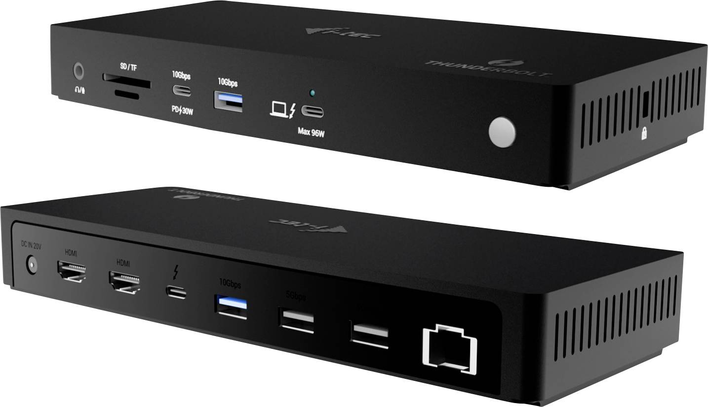 Eine schwarze Dockingstation mit mehreren Anschlüssen wie HDMI, USB und Ethernet, entwickelt zur Erweiterung der Geräteverbindungen.