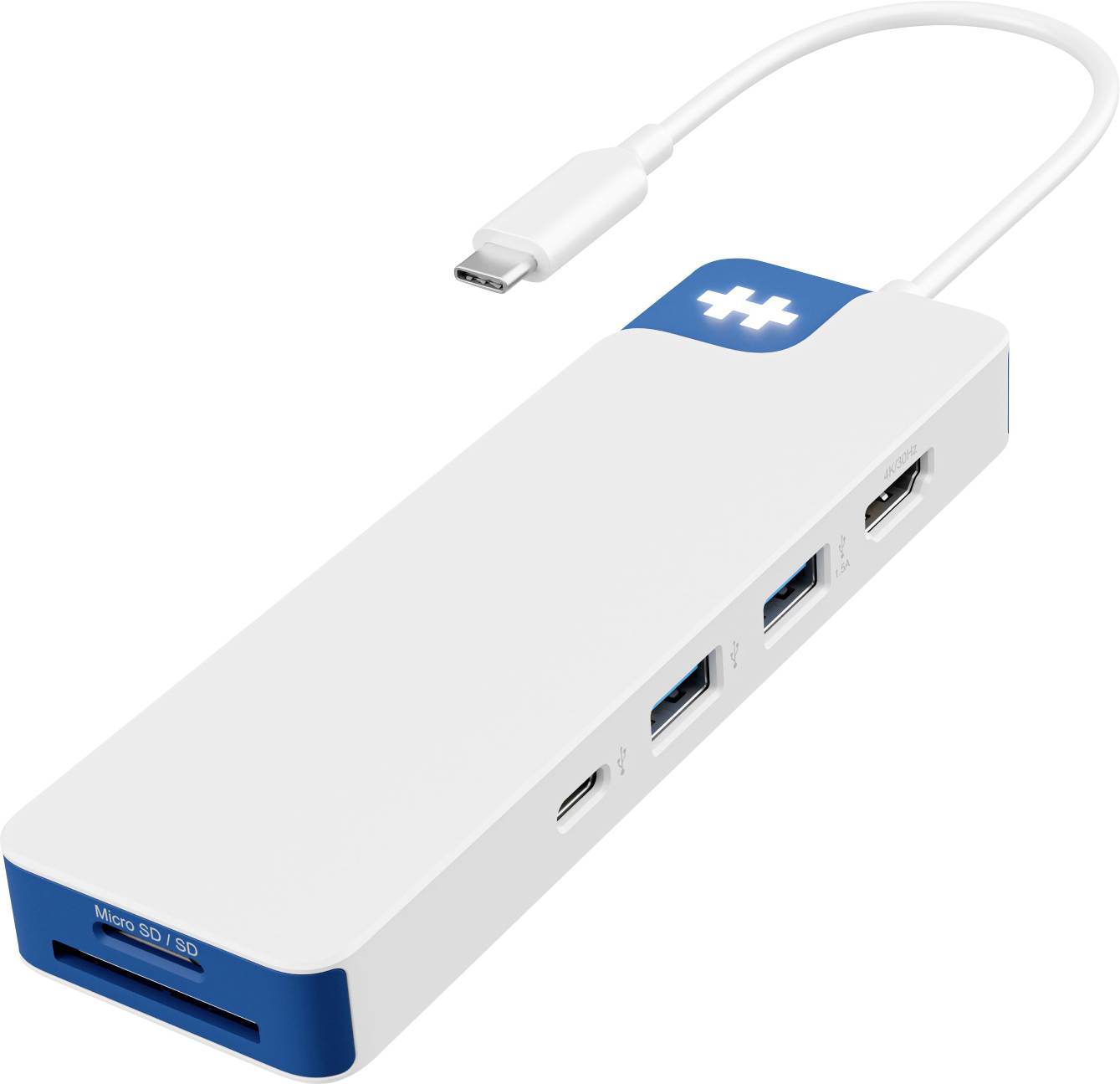 Ein weißer und blauer Multi-Port-USB-Hub mit einem Micro-SD/SD-Steckplatz, USB-C-Anschluss und mehreren USB-Anschlüssen zum Verbinden verschiedener Geräte.