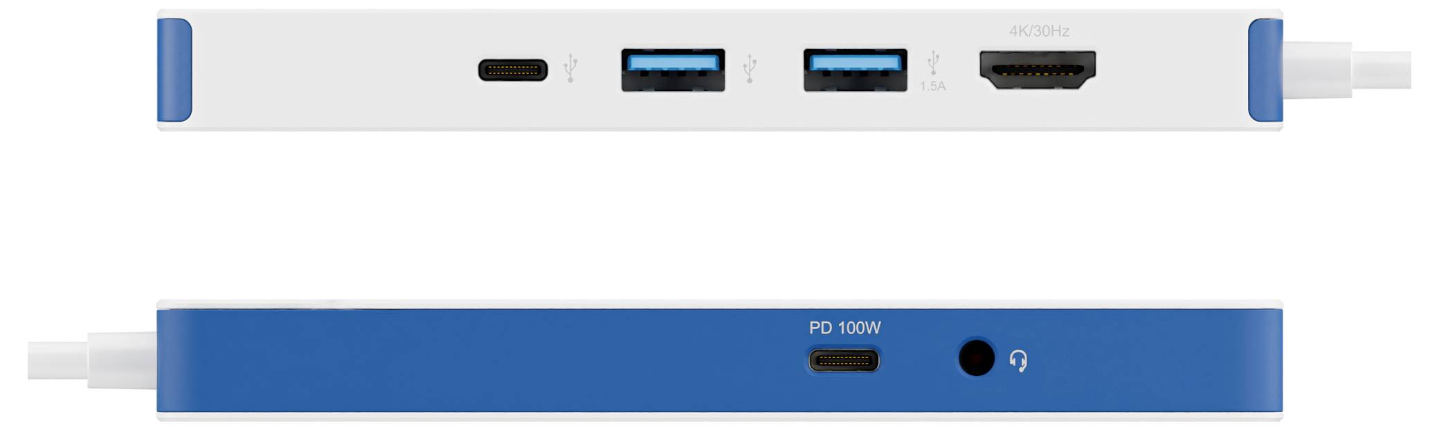 Seiten- und Draufsicht eines blauen und weißen elektronischen Geräts mit USB-, HDMI- und Stromanschlüssen.