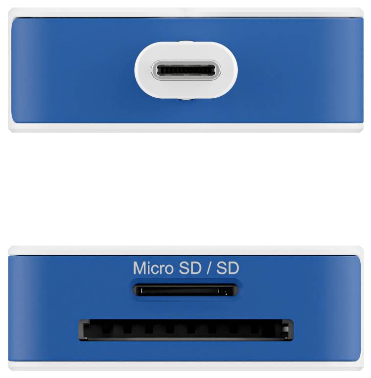 Blauer Dual-Port-Adapter mit USB-C oben und Micro SD/SD-Kartensteckplatz unten, mit der Beschriftung Micro SD/SD, für Datentransfer.