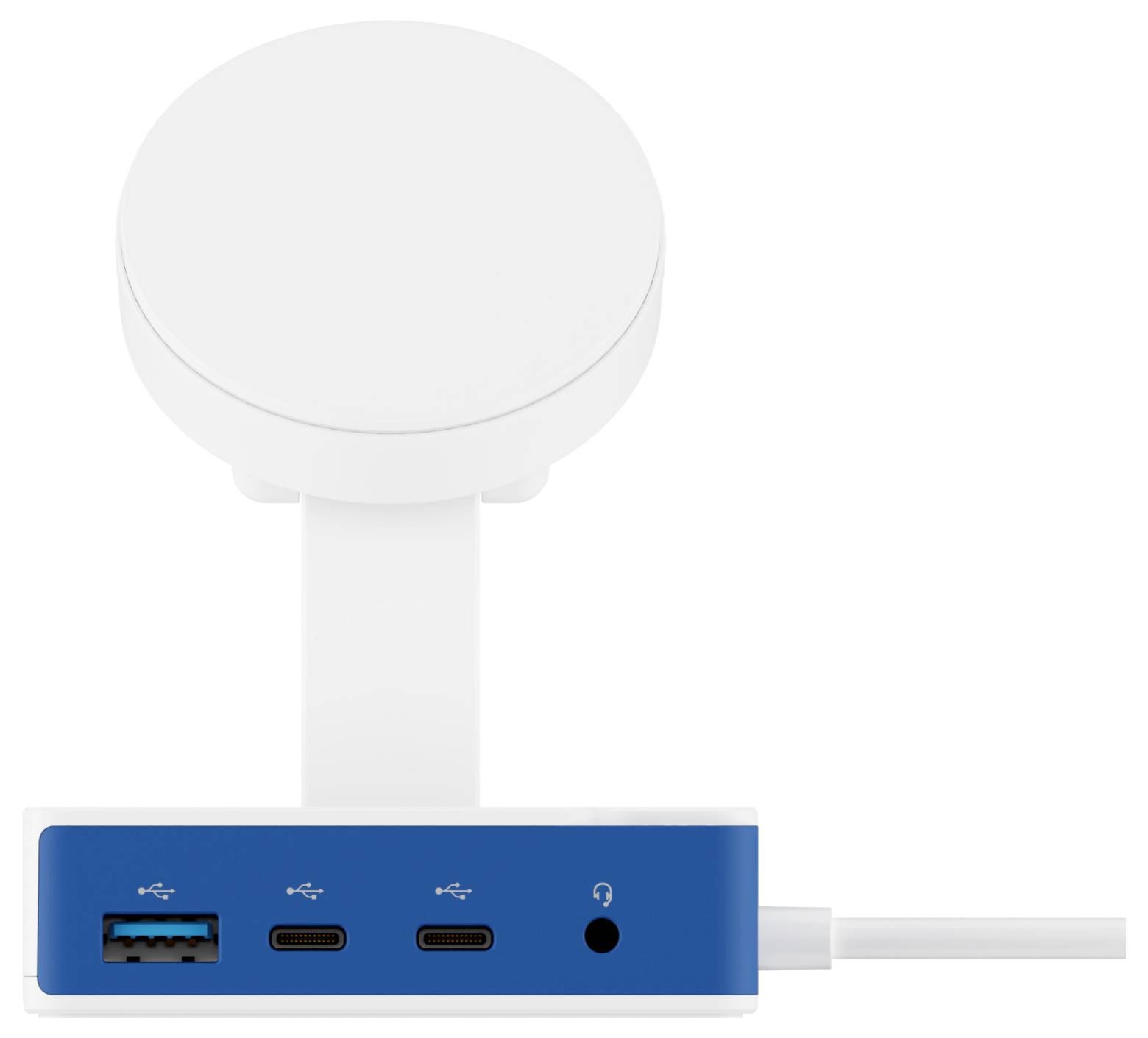 Ein weißer, runder drahtloser Ladegerät auf einem blauen Ständer mit USB-Anschlüssen und Kopfhörerbuchse; vor einem weißen Hintergrund positioniert.