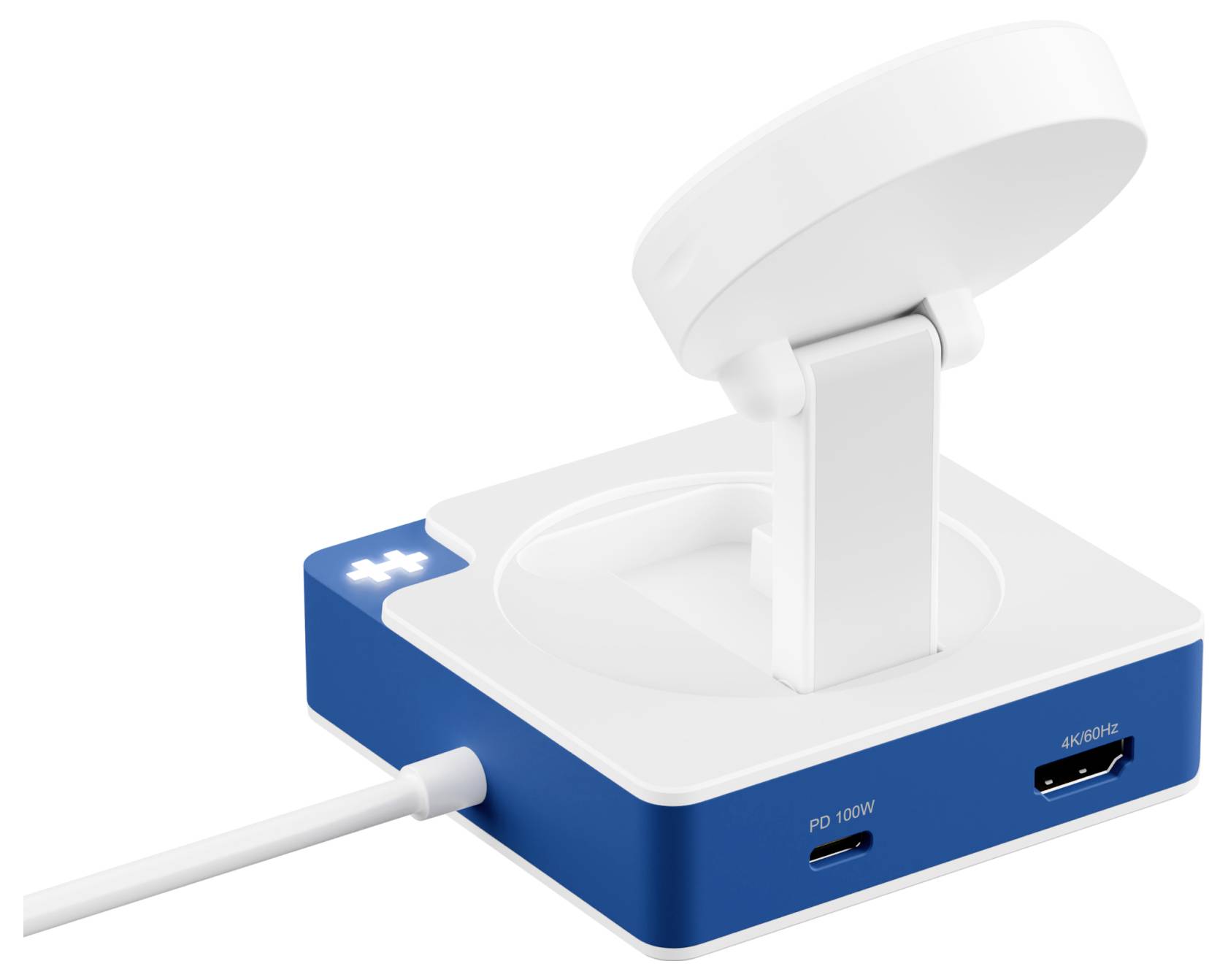 Ein kompakter blau-weißer elektronischer Dock mit einer neigbaren, runden Befestigung. An der Seite sind Anschlüsse mit der Beschriftung 