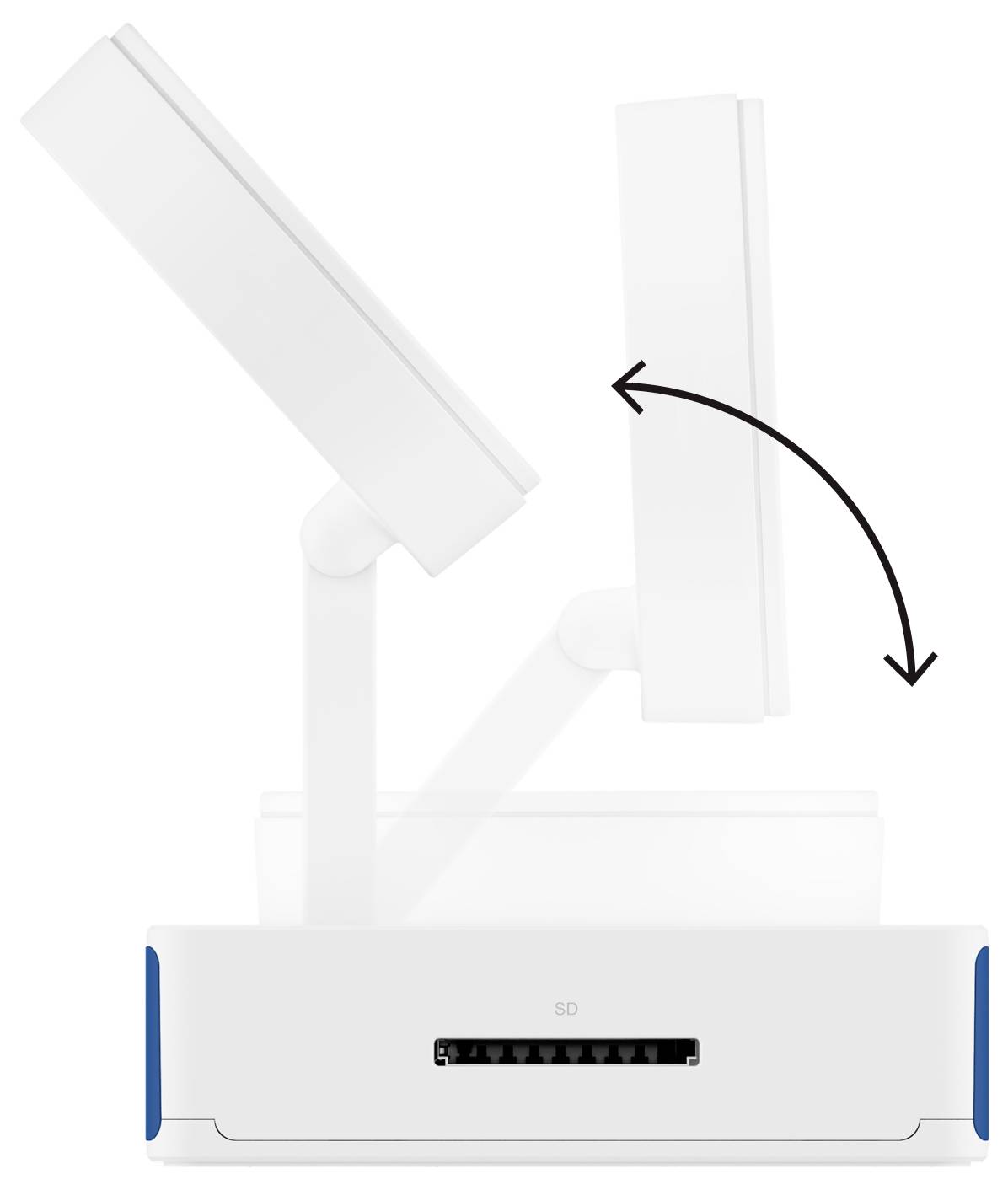 Eine Grafik, die einen Monitorarm mit verstellbarer Höhe und Neigung zeigt, dargestellt durch einen Pfeil, der die Bewegungsrichtung angibt.