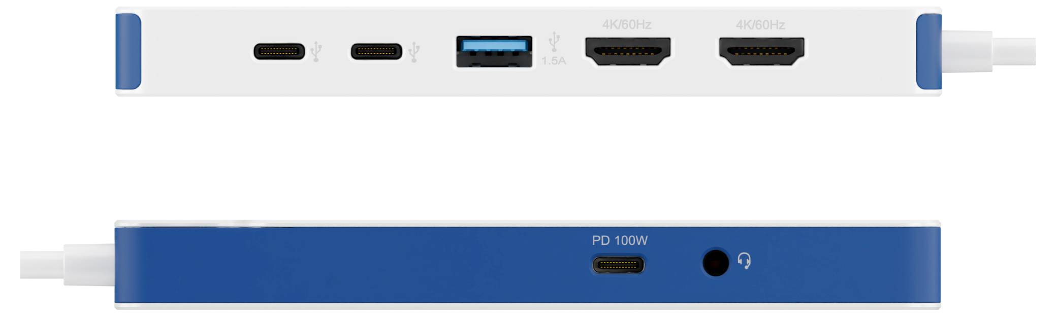 Obere und seitliche Ansichten einer Computer-Dockingstation mit zwei HDMI-Anschlüssen, USB-C-Ports, USB-A-Anschluss, Kopfhörerbuchse und Stromanschluss.