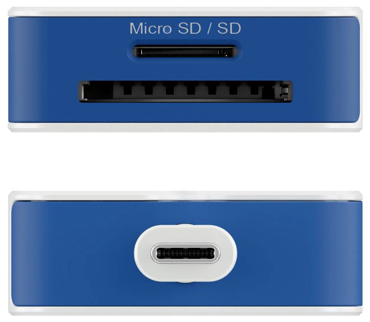 Ein blauer Kartenleser mit einem Schlitz, der auf einer Seite mit 'Micro SD / SD' beschriftet ist, und einem USB-C-Anschluss auf der gegenüberliegenden Seite.