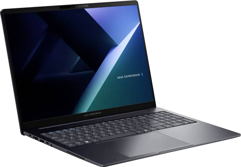 Ein schlanker Laptop mit einem 'ASUS ExpertBook' Bildschirm, in einem dunklen, modernen Design mit einer vollständigen Tastatur.