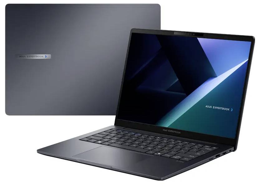 Geöffnetes ASUS ExpertBook Laptop mit elegantem Design, dunkler Oberfläche und einem modernen Bildschirm, auf dem ein geometrisches Muster zu sehen ist.