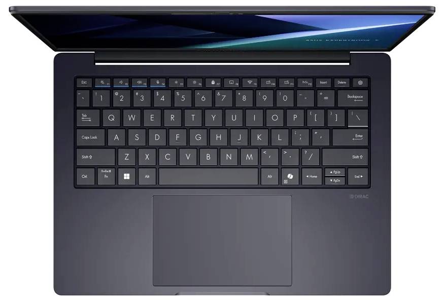 Ein Laptop mit einer schwarzen Tastatur und einem leicht geöffneten Bildschirm, der einen blauen Farbverlauf zeigt.