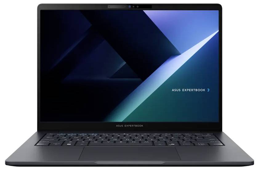 Ein schlanker, schwarzer ASUS ExpertBook Laptop mit einem geometrischen Blau- und Schwarzdesign auf dem Bildschirm. Der Laptop ist leicht geschlossen und zeigt ein kompaktes und modernes Design, das für den professionellen Einsatz geeignet ist.