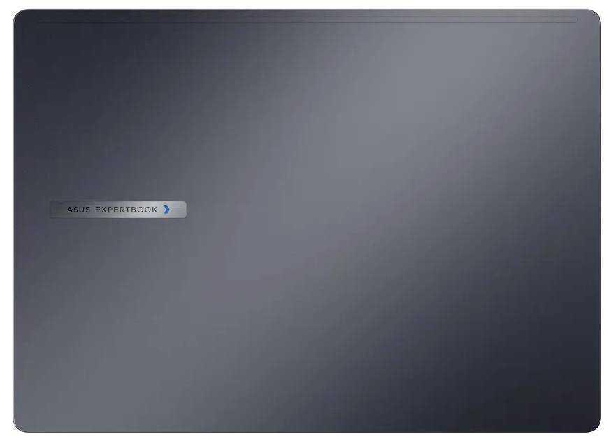 Geschlossener Laptop mit matter, dunkler Oberfläche und einem kleinen 'ASUS EXPERTBOOK' Logo in der Mitte links.