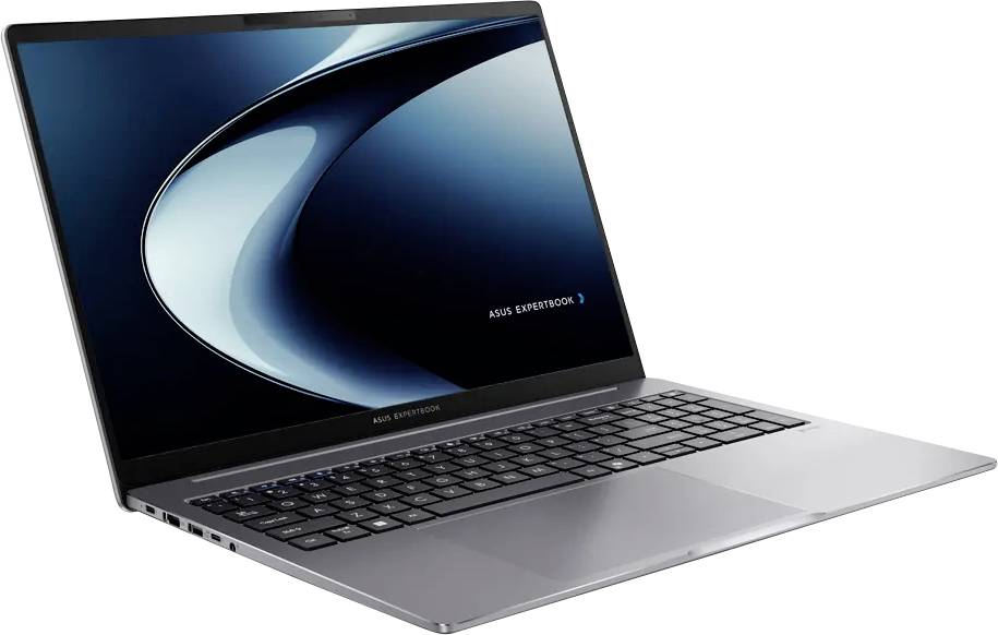 Ein schlanker, silberner Laptop, der auf einer weißen Oberfläche geöffnet ist und ein 'ASUS ExpertBook' Logo auf dem Bildschirm mit einem minimalistischen blau-schwarzen Design zeigt.