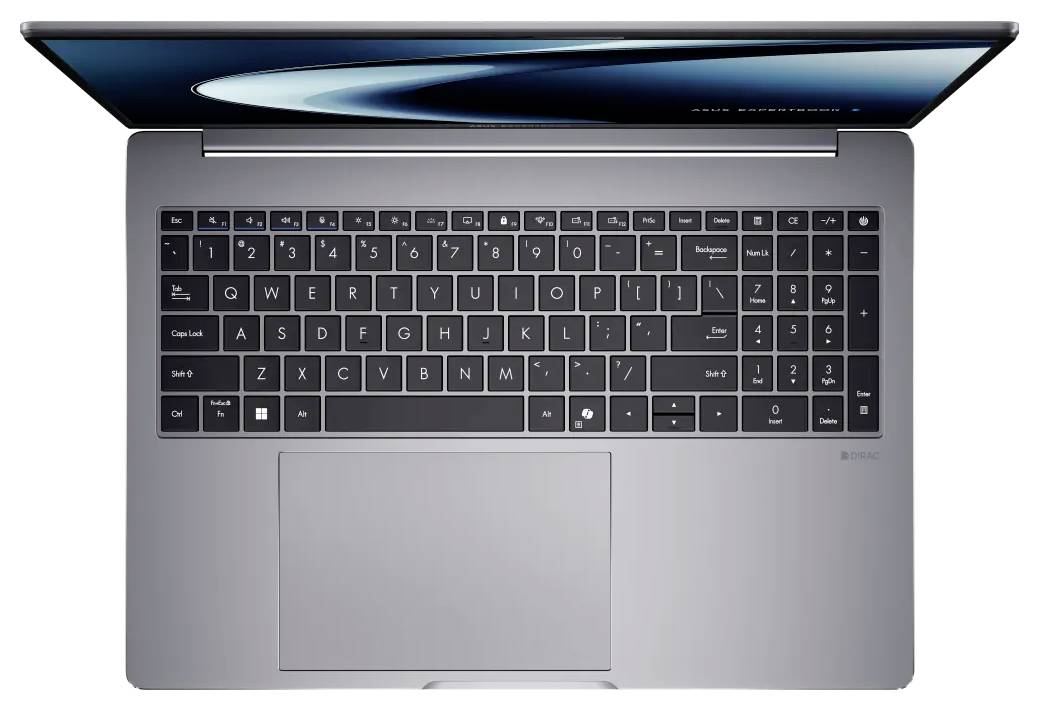 Ein silberner Laptop von oben gesehen, mit einer schwarzen Tastatur und einem Touchpad darunter. Der Bildschirm zeigt ein geschwungenes abstraktes Design.