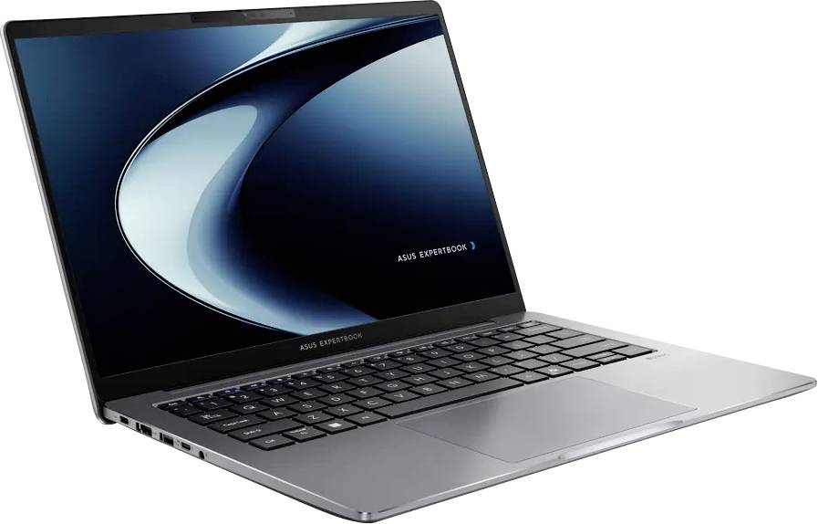 Ein schlankes, offenes Laptop zeigt einen dunklen, minimalistischen Bildschirmschoner. Das Laptop ist mit der Marke 'ASUS ExpertBook' versehen.