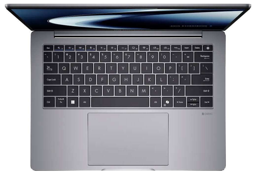 Eine Draufsicht eines offenen Laptops mit einer QWERTZ-Tastatur, Touchpad und einem Teil des Bildschirms mit einem schwarzen Rahmen.
