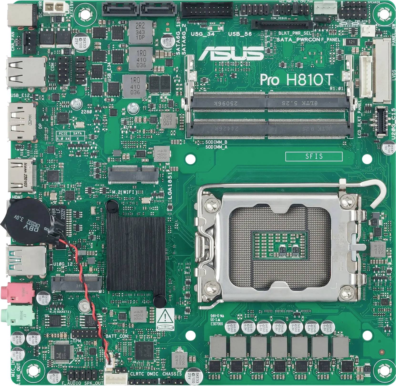 Eine grüne ASUS Pro H810T Mainboard, das verschiedene elektronische Komponenten, Anschlüsse und Schaltkreispfade zeigt, die für die Funktionalität eines Computers wesentlich sind.