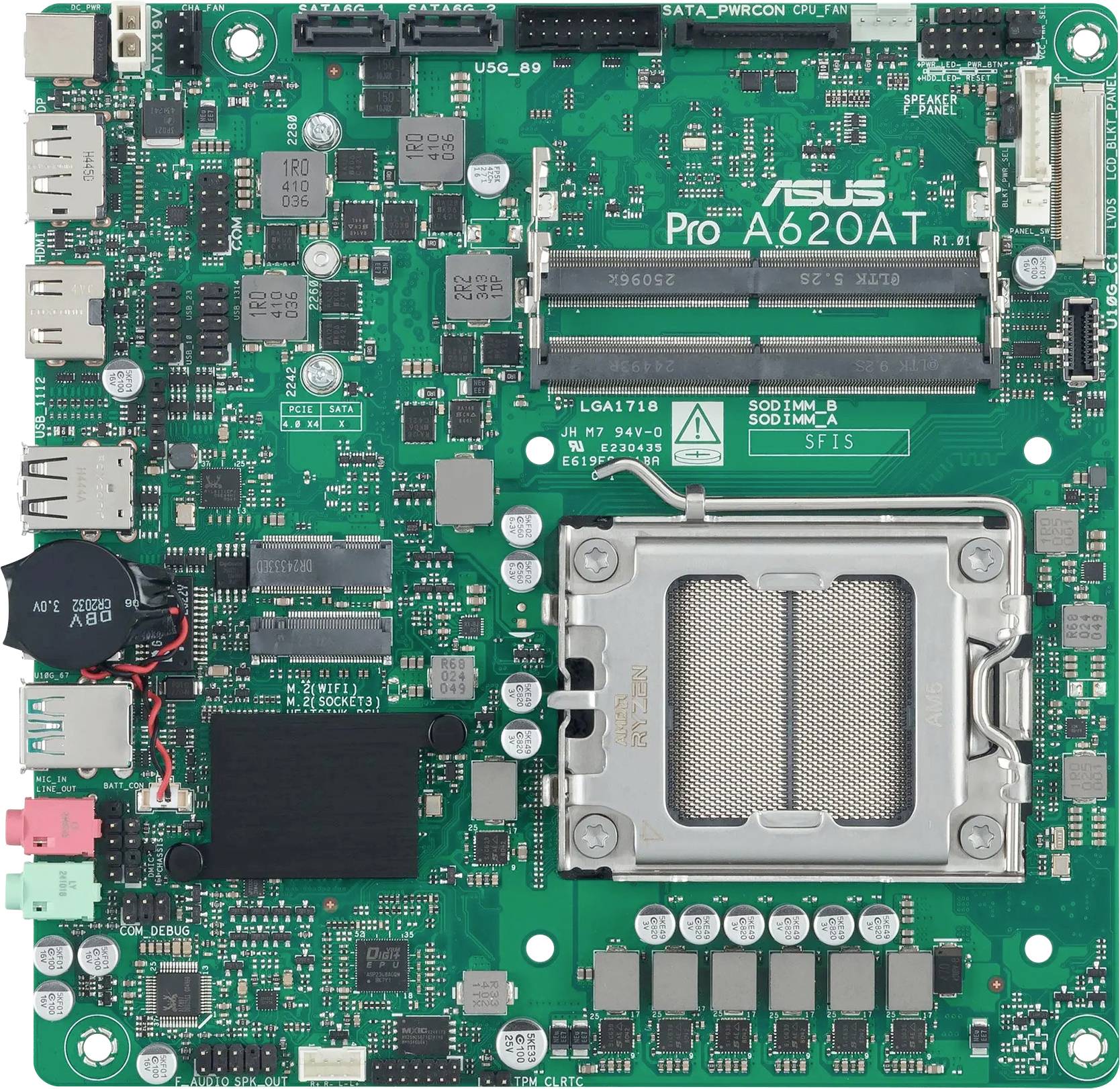 Eine grüne Leiterplatte mit verschiedenen elektronischen Komponenten, Anschlüssen und der Aufschrift 'ASUS Pro A620AT'.