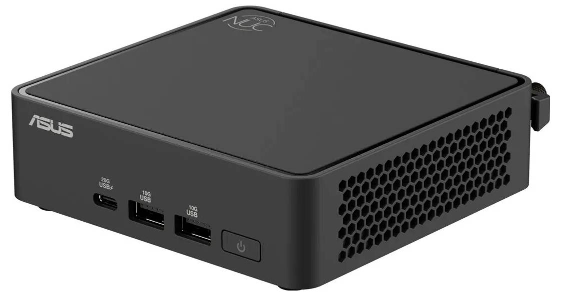 Ein kompakter schwarzer ASUS Mini-PC mit mehreren USB-Anschlüssen an der Frontseite und Lüftungslöchern an der Seite für eine effiziente Kühlung.